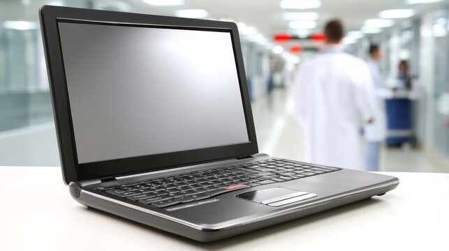 Hospital environment laptop computer on table for healthcare data access and medical information management.