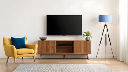 Modern living room setup featuring a large flatscreen tv mounted above a wooden media cabinet, complemented by a stylish armchair with yellow and blue cushions and a tripod lamp.