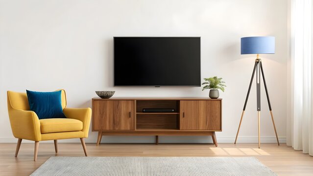 Modern living room setup featuring a large flatscreen tv mounted above a wooden media cabinet, complemented by a stylish armchair with yellow and blue cushions and a tripod lamp.