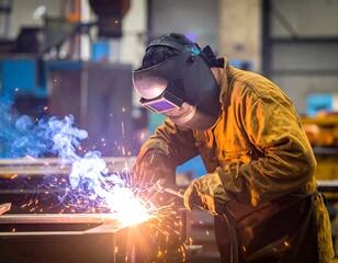 A welder in a protective mask and work suit at a fabrication facility