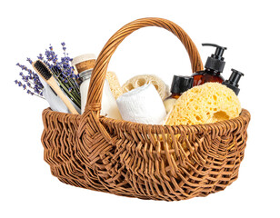 Wicker basket filled with spa essentials like sponges, lotions, and lavender on a black background
