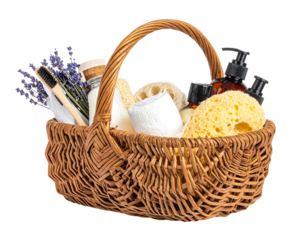 Wicker basket filled with spa essentials like sponges, lotions, and lavender on a black background