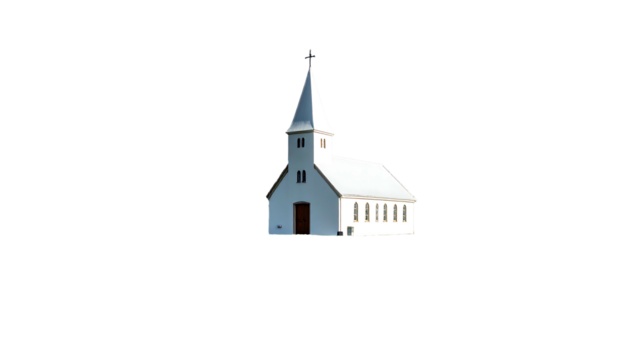 White church with steeple stands alone against a stark black background, illuminated by a bright source