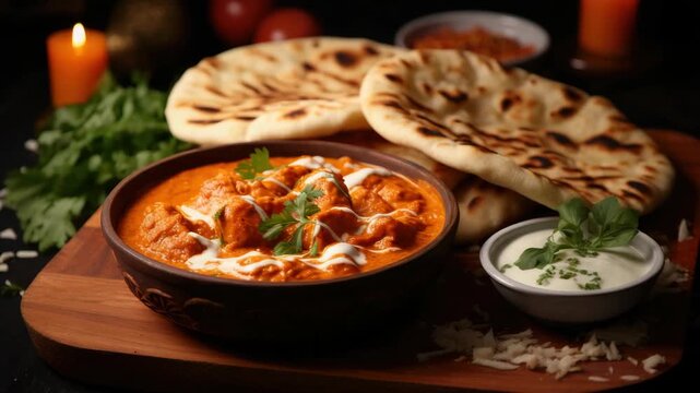 A plate of traditional Indian food including chicken tikka masala and naan bread
