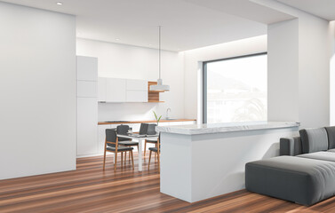 Contemporary kitchen and living room interior with wooden floor, sleek furniture, and large window in bright daylight, white background, concept of home. 3D Rendering