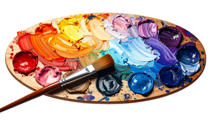 Vibrant oil paint palette with brush; colors range from warm reds and yellows to cool blues and purples