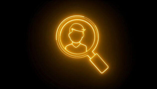 A glowing orange neon person is inside a magnifying glass