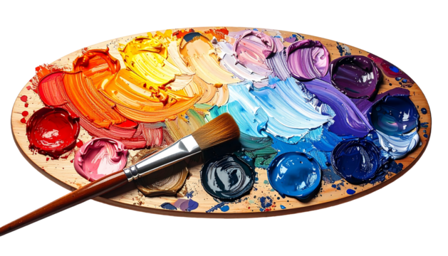 Vibrant oil paint palette with brush; colors range from warm reds and yellows to cool blues and purples