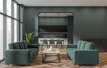 Elegant modern interior with green sofas, open kitchen, and chevron wood flooring, minimalistic furniture, large windows, concept of urban home. 3D Rendering