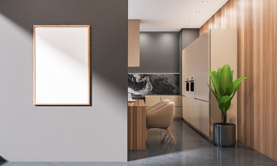 Empty poster frame mockup on gray wall inside contemporary interior with wooden kitchen decor, soft lighting and clean layout. 3D Rendering