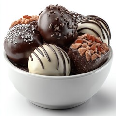 A white bowl holds assorted dark and white chocolate truffles featuring various toppings drizzles and sprinkles