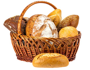 Wicker basket overflowing with assorted rustic bread loaves, featuring various textures and colors on a black background