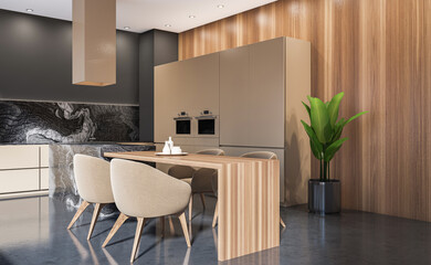 Contemporary kitchen interior with striped wood textures, soft beige furniture, marble patterns, and green plant on modern polished background. 3D Rendering