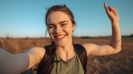 Cheerful young woman taking a selfie outdoors during golden hour with warm sunlight, wearing a backpack and smiling brightly in a natural landscape, representing adventure, travel, and happiness in na