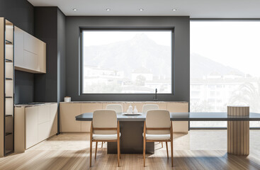 Modern kitchen and dining interior with minimal beige cabinets, wooden chairs, and large windows showcasing mountain view, on light wood floor. 3D Rendering