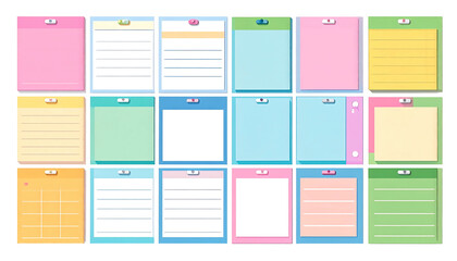 Varied colorful note pads. Each has unique styles and colors arranged neatly on a black background