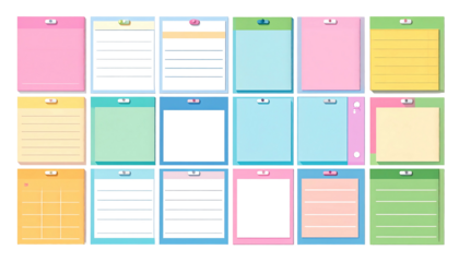 Varied colorful note pads. Each has unique styles and colors arranged neatly on a black background