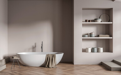 Elegant modern bathroom interior with white freestanding bathtub, stylish built-in shelves, soft beige tones, wooden flooring. 3D Rendering