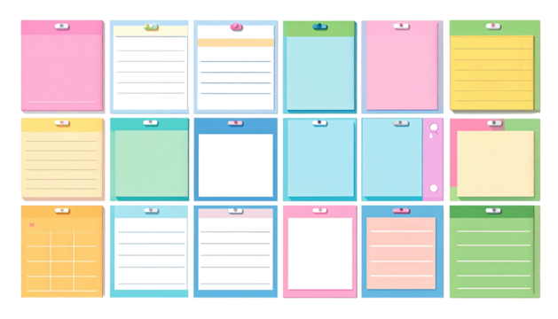 Varied colorful note pads. Each has unique styles and colors arranged neatly on a black background