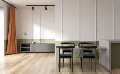Modern interior of dining and living area with minimalist furniture, soft beige walls, green accents, and wood flooring in cozy home concept. 3D Rendering