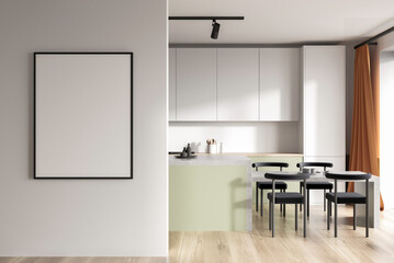 Empty vertical poster template on white wall in modern kitchen interior with bright light, clean design and wooden floor, concept of creative layout. 3D Rendering