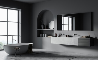 Minimalist bathroom interior with freestanding tub, large mirror, and modern fixtures in soft lighting, concept of luxury and elegance, 3D Rendering