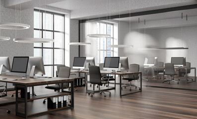 Naklejka na ściany i meble Spacious office interior with modern desks, computers, and chairs, featuring circular ceiling lights, wood flooring, and cityscape view. 3D Rendering