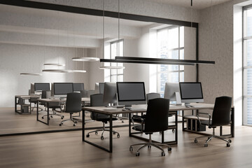 Contemporary open office interior with minimalist desks, ergonomic chairs, and computers on light wood flooring in a daylight-filled workspace concept. 3D Rendering
