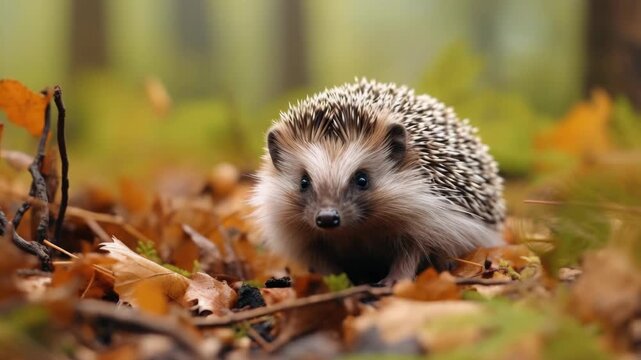 A small hedgehog exploring fallen leaves on the ground during fall.