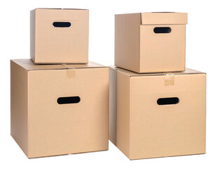 Stacks of arranged cardboard boxes in varying sizes with handles, isolated against a solid black backdrop