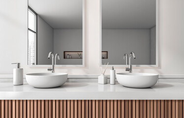 Double sink bathroom interior with round white basins and chrome faucets, wood panel vanity, minimalist decor, large mirrors, concept of modern living. 3D Rendering.