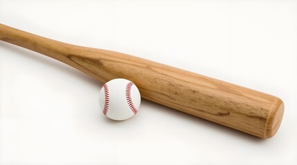 A close-up look at a wooden baseball bat and ball. The white and clean background highlights its focus on the sporting equipment.