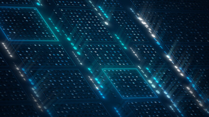 Futuristic Digital Data Blocks with Glowing Binary Code Streams and Abstract Technology Grid Background for AI, Blockchain, or Network Concepts
