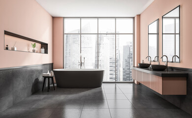 Minimalist bathroom interior with freestanding tub, dual sinks, large city view windows, concrete tiles, and soft pink walls. Concept of modern relaxation. 3D Rendering
