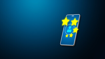 Digital user profile rating and personal feedback concept with glowing stars on smartphone screen, mobile reputation review