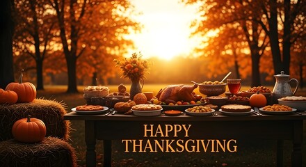 Happy Thanksgiving banner background featuring a rustic harvest dinner feast at sunset outdoors