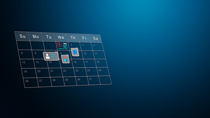 Calendar with Icon Overlays Representing Identity, Location and Clock on Blue Background. Smart Scheduling Concept Illustration