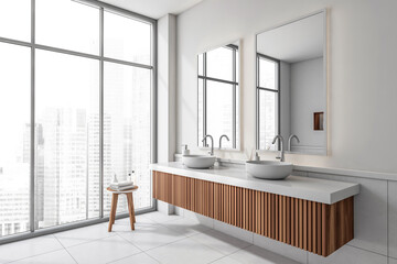 Contemporary bathroom interior with dual ceramic vessel sinks, wood panel vanity, large mirrors and panoramic windows, concept of modern urban living, 3D Rendering