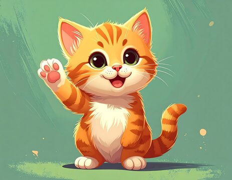 Adorable, smiling cartoon kitten waving, vibrant orange with green background