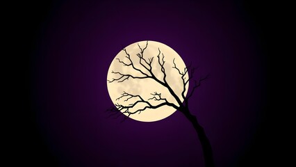Spooky bare tree silhouetted against a giant luminous moon on a dark purple night sky, perfect for Halloween and mystery themes.