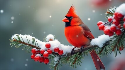 Vibrant red cardinal perched on snow-covered pine branch amidst falling snowflakes, a stunning winter wildlife scene.