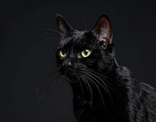A sleek, glossy black cat peers attentively, with yellow eyes