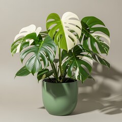 Variegated monstera deliciosa plant in a modern teal pot with dappled light casting shadows