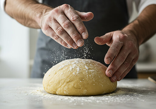 A chef's hands sprinkling flour on fresh dough. Man baking homemade bread in the kitchen. Culinary food preparation concept