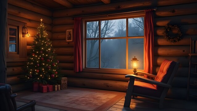 Cozy Christmas cabin scene with decorated tree and gifts, inviting armchair by a glowing lamp, and misty winter forest view. - Powered by Adobe