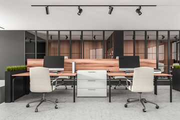 Contemporary office interior with wooden desks, white chairs, and sleek decor in open space layout, 3D Rendering on neutral background, concept of workspace