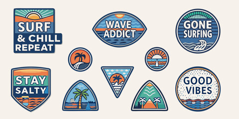Naklejka premium Collection of retro surf and beach themed patches with inspirational quotes and ocean scenery