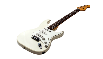 White electric guitar lies diagonally with black background. Strings, fretboard and body visible