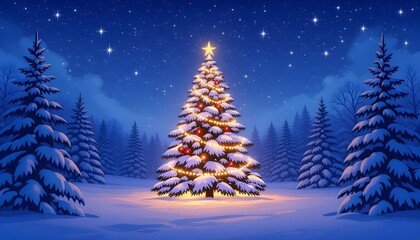Magical snow-covered forest scene with a glowing, decorated Christmas tree under a starry night sky, evoking warmth and festive cheer.