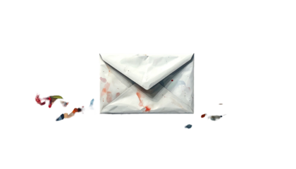 White envelope, slightly crumpled, sits atop a splash of colorful, faded watercolor-style paint.